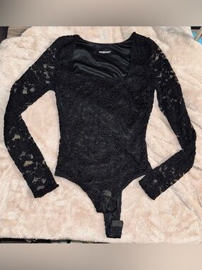 wet n wild Black Lace Long Sleeve Scoop Bodysuit